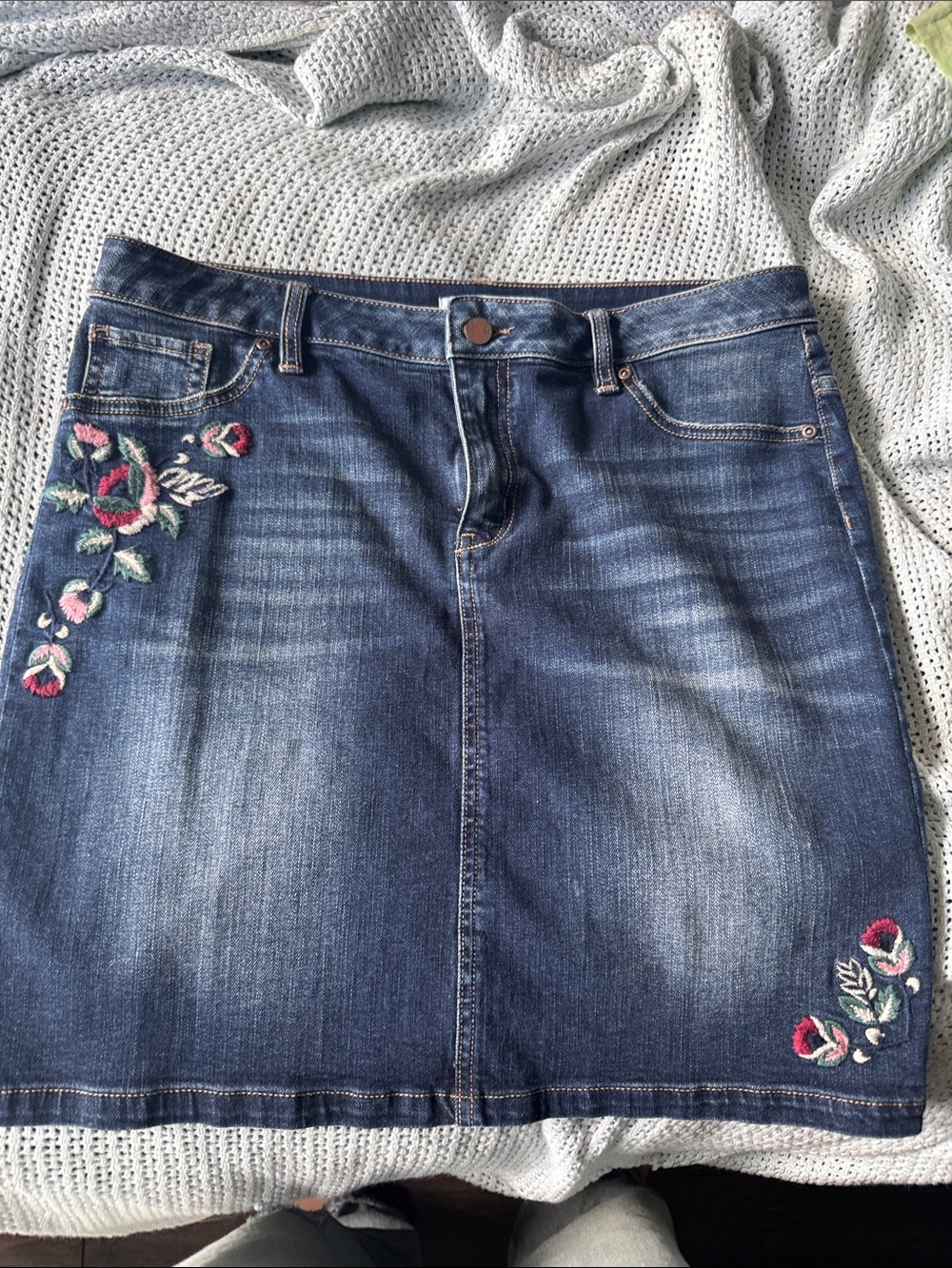 New York & Company Dark Blue Denim A-Line Skirt with Pink Floral Embroidery